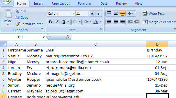 Create a CSV file of email addresses and birthdays