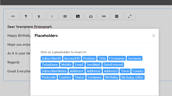 Inserting placeholders in to the email